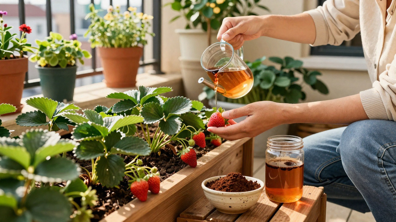 Personne arrosant des fraisiers avec un liquide ambré dans un jardin d'intérieur lumineux.