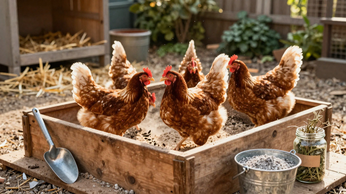Cinq poules rousses picorant dans un carré en bois dans un poulailler en plein air.