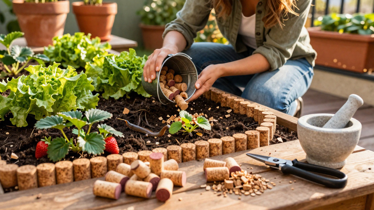 Personne versant des bouchons en liège dans un jardin potager avec plantes et outils de jardinage.