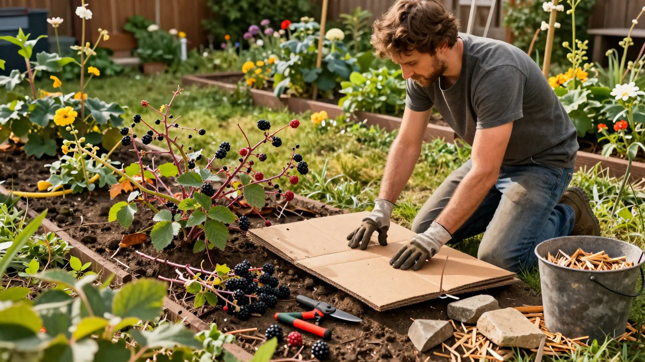 Homme jardinier appliquant du paillage en carton près d'un arbuste de mûres dans un jardin fleuri.