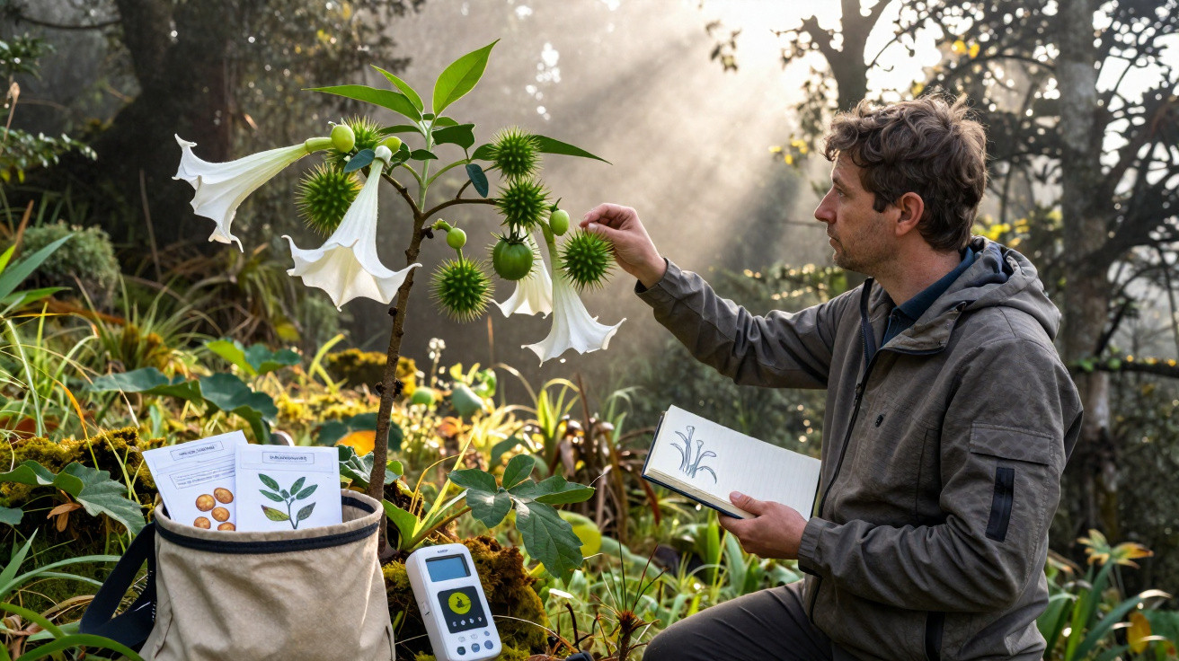 Homme examinant une plante exotique avec grosses fleurs blanches en entonnoir dans un jardin ensoleillé.