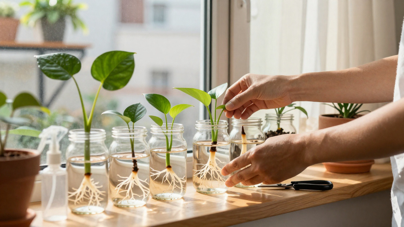 Mains ajustant des boutures de plantes avec racines dans des bocaux en verre sur un rebord de fenêtre lumineux.