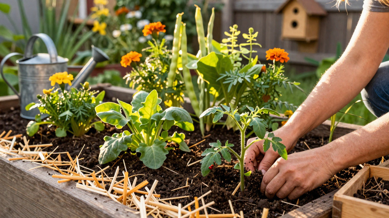Une personne plante un jeune plant de tomate dans un potager en carré avec fleurs et arrosoir.