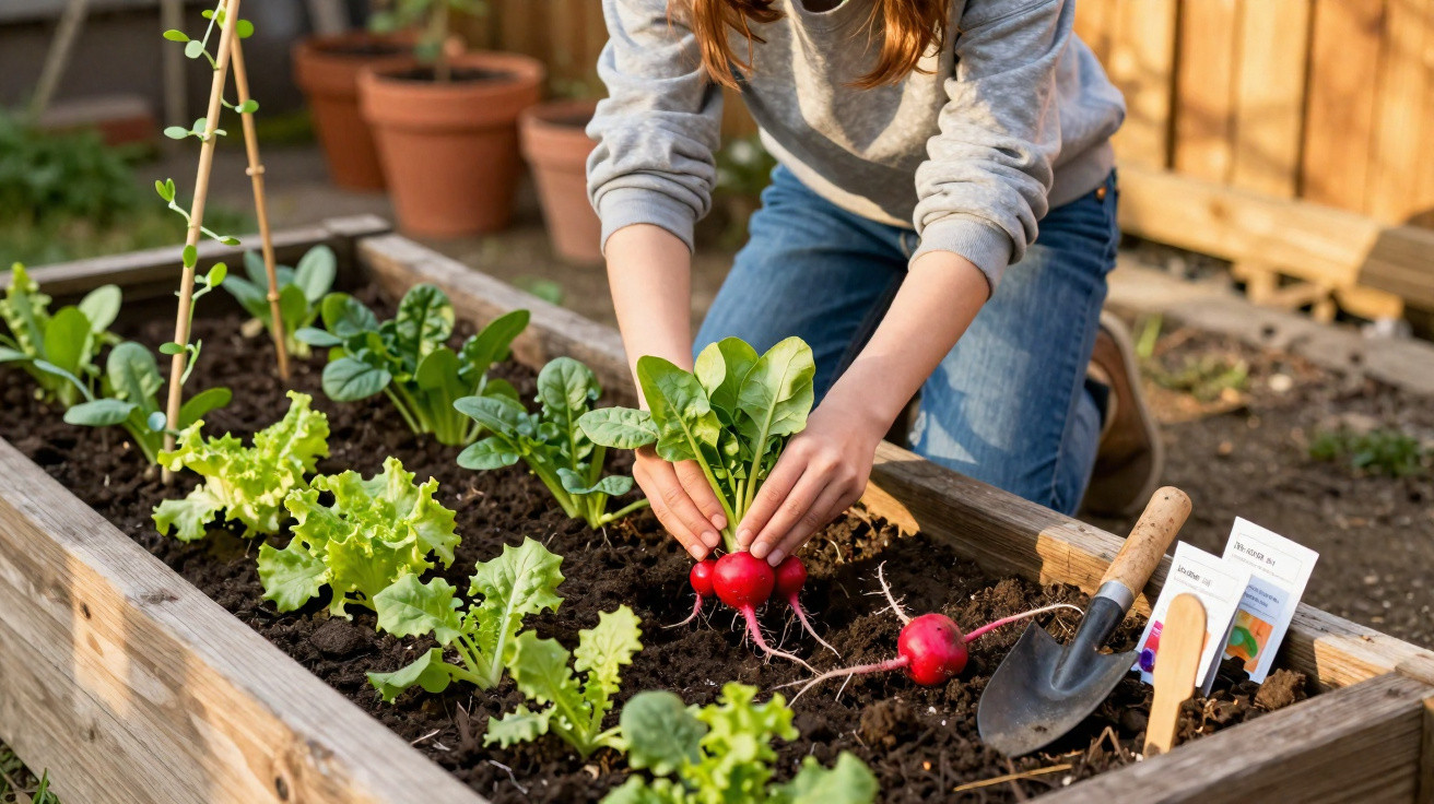 Personne récoltant des radis dans un potager surélevé en bois lors d’une journée ensoleillée.