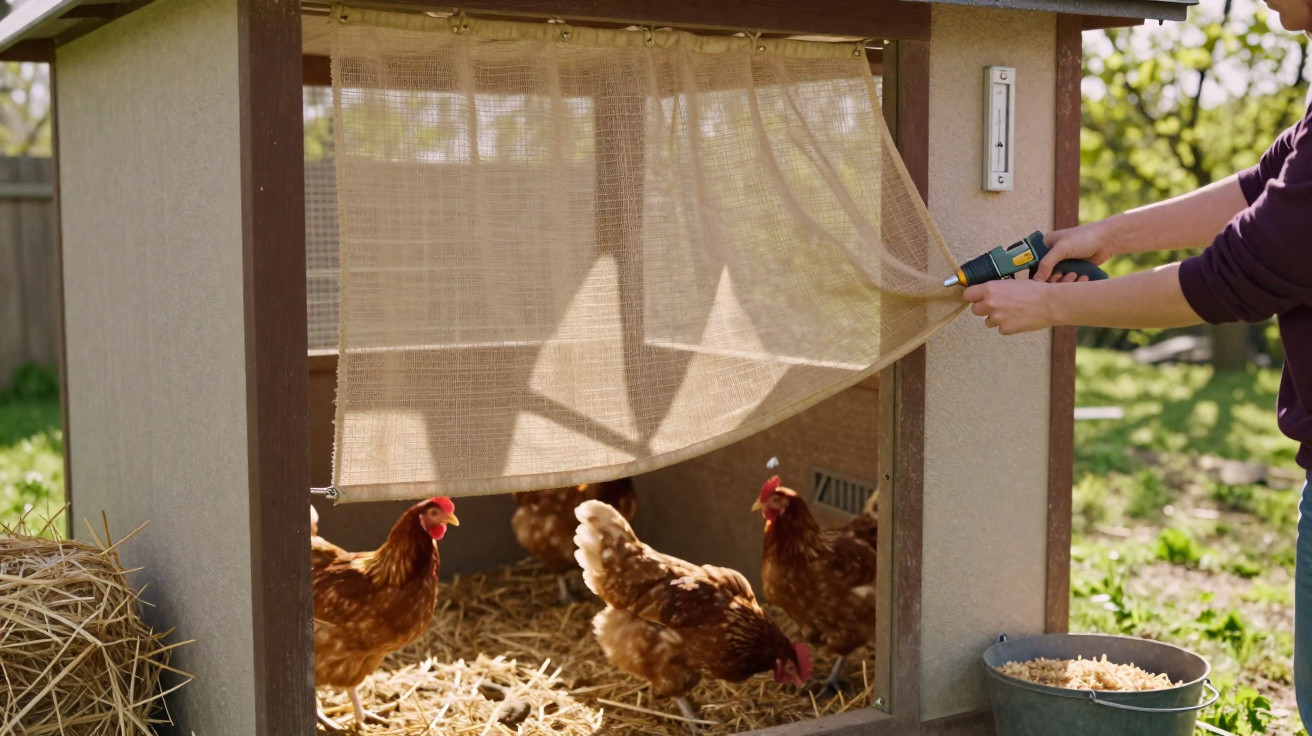 Un poulailler avec des poules brunes à l'intérieur, une personne tire un rideau en tissu.