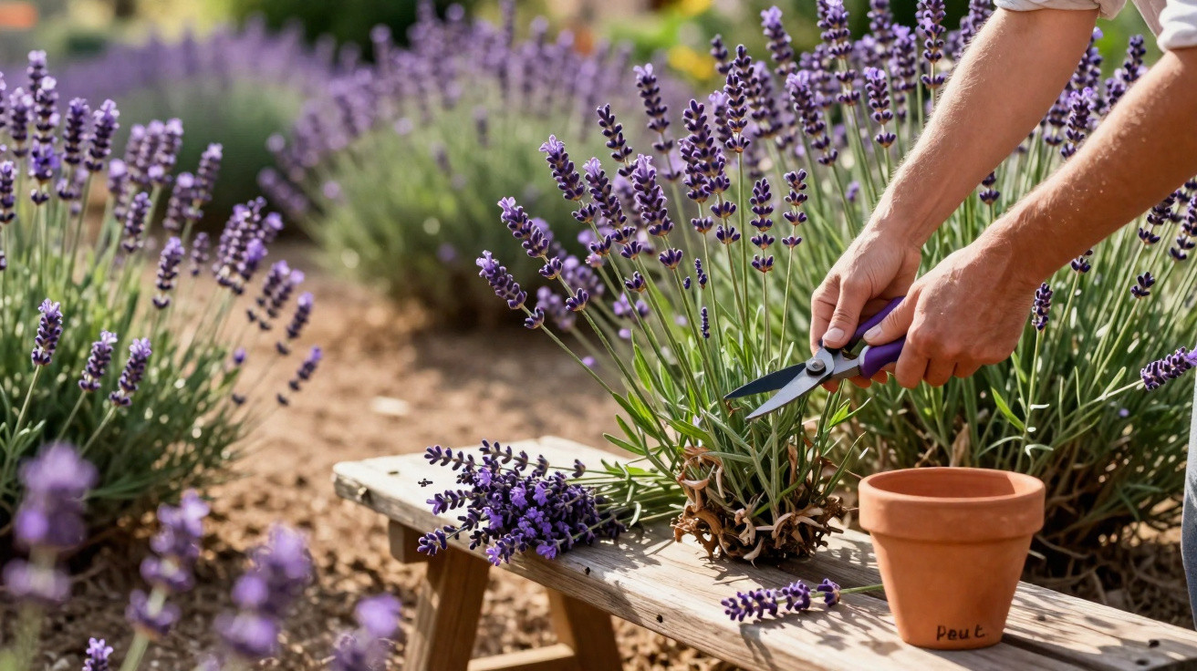 Main coupant de la lavande violette dans un jardin, avec un pot en terre cuite sur une planche en bois.