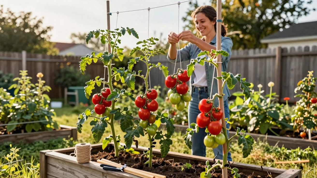 Femme souriante attachant des tomates rouges et vertes dans un potager en plein air au soleil.