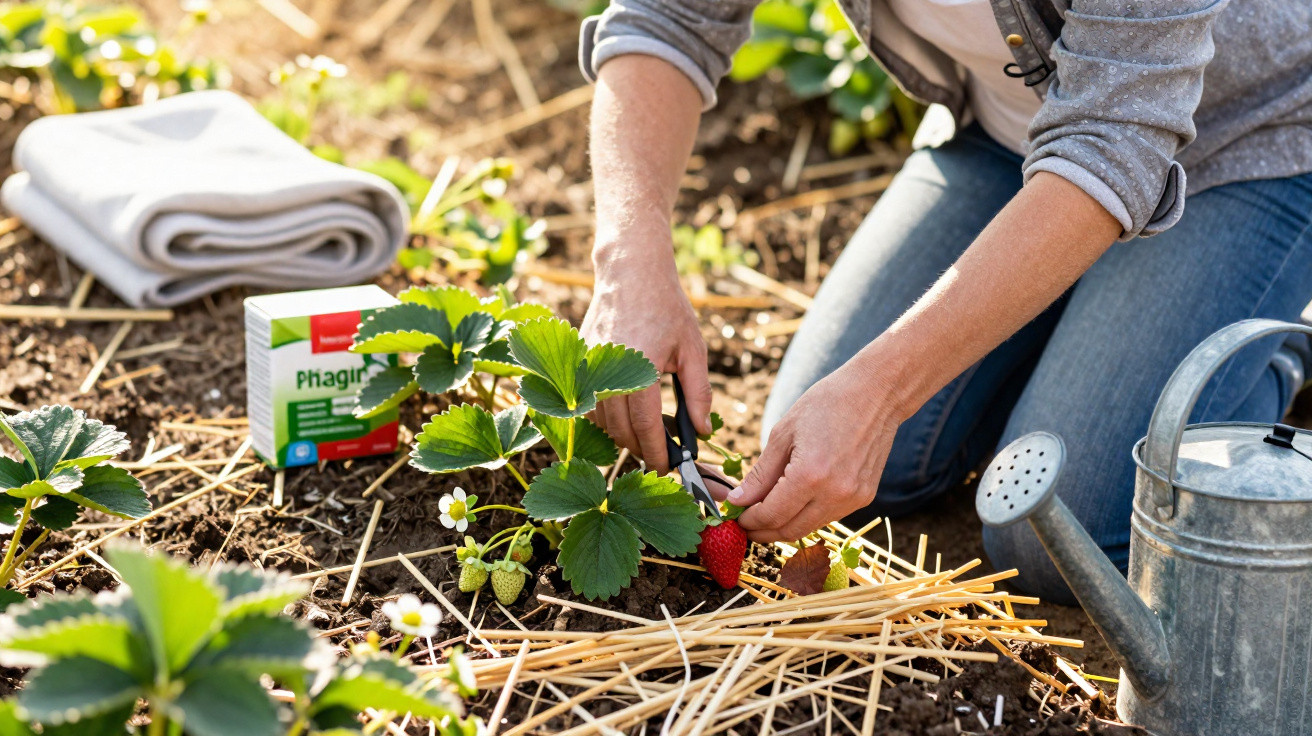Personne cueillant des fraises dans un jardin avec un arrosoir et une boîte de produit naturel à proximité.