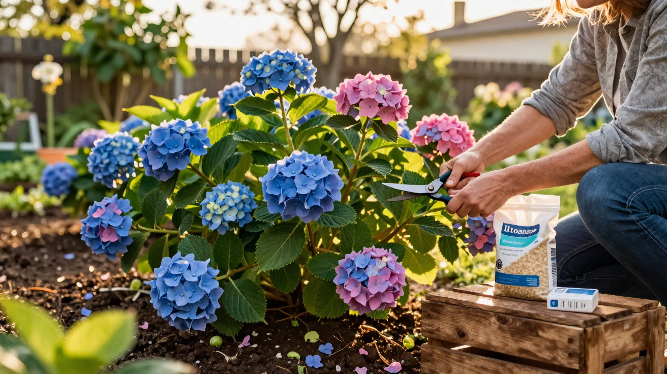 Personne taillant des hortensias roses et bleus dans un jardin ensoleillé avec des outils de jardinage.