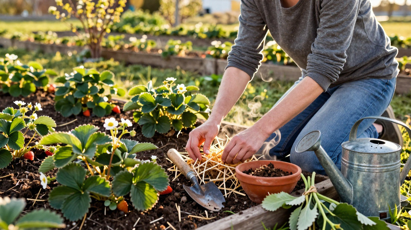 Personne plantant de la paille dans un potager avec fraisiers, arrosoir et outils de jardinage.