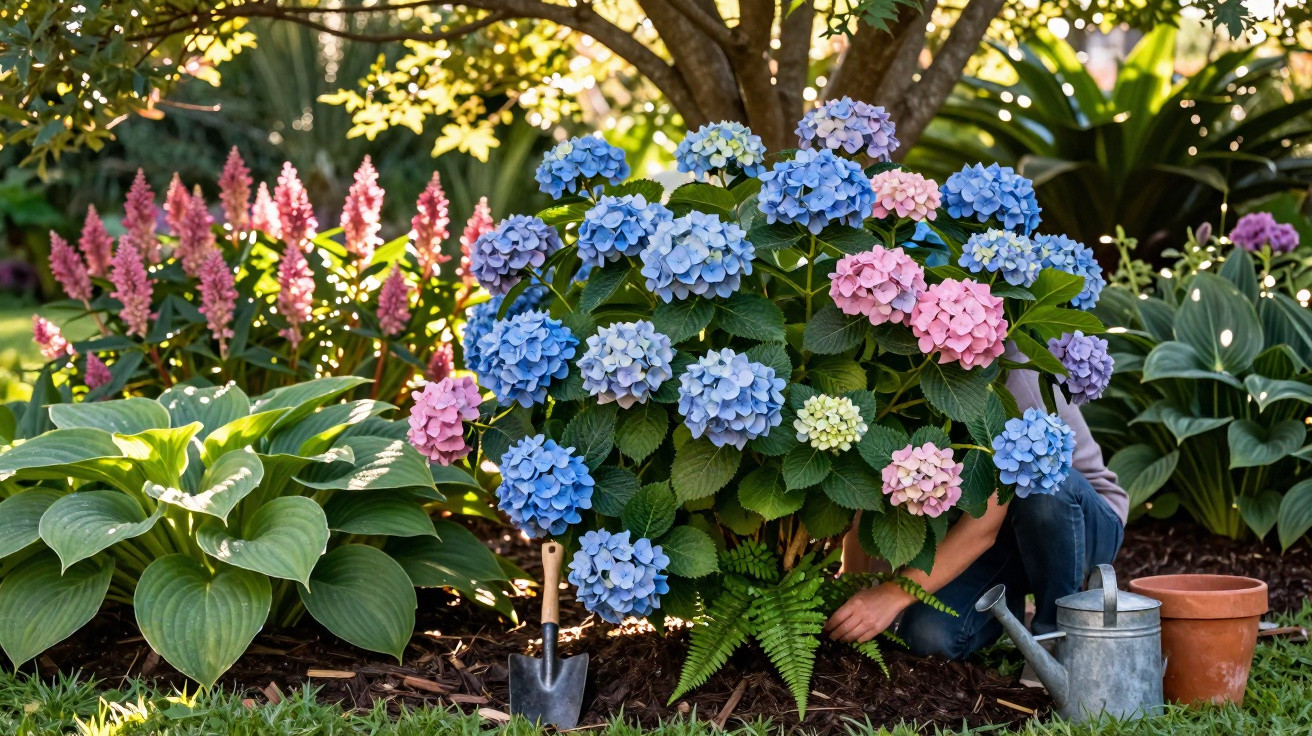 Buisson d'hortensias bleus et roses dans un jardin ensoleillé, avec outils de jardinage au sol.