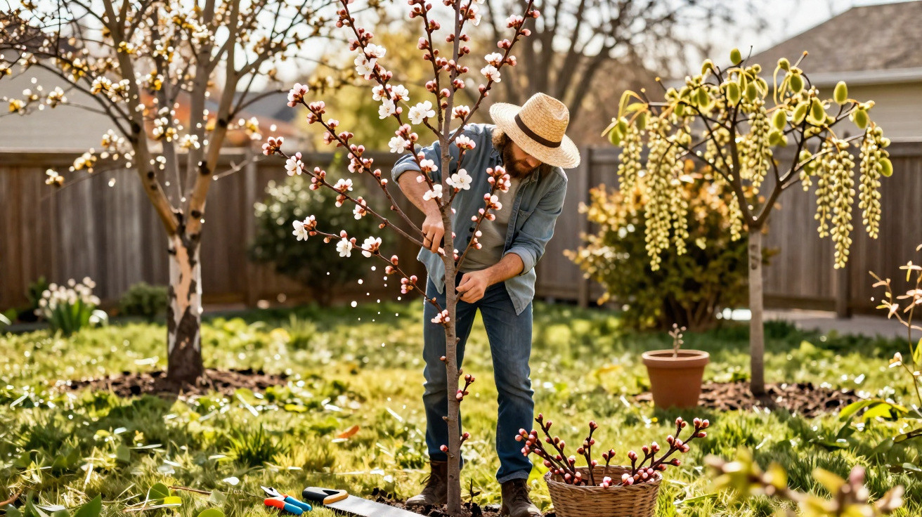Homme avec chapeau de paille taillant un arbre en fleurs dans un jardin ensoleillé au printemps.