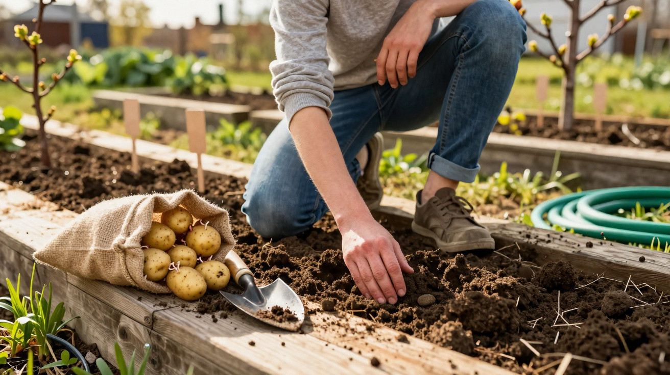 Personne en jean plantant des pommes de terre dans un jardin potager avec un sac de pommes de terre à côté.