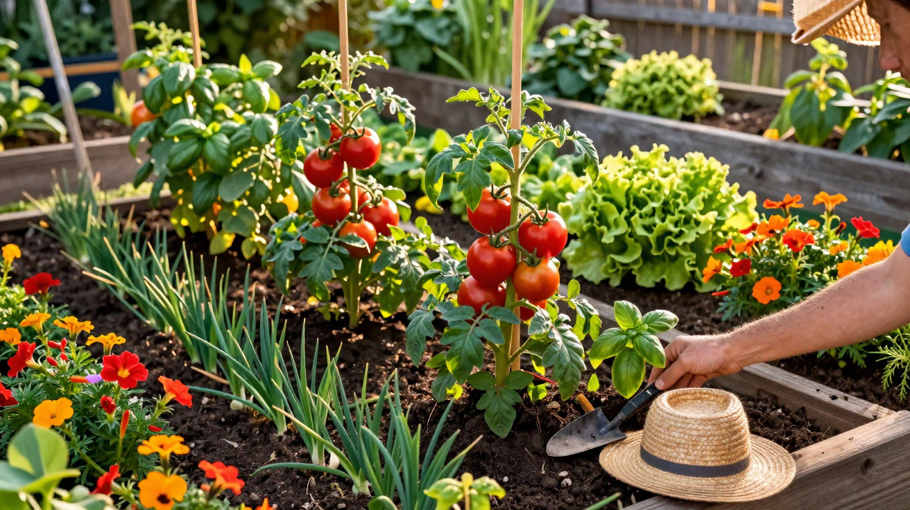 Jardin potager avec plants de tomates rouges, laitue, fleurs colorées et personne jardinant avec une pelle.