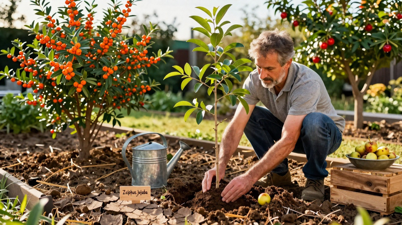 Homme plantant un jeune arbre dans un jardin avec arrosoir et caisse de pommes à côté.
