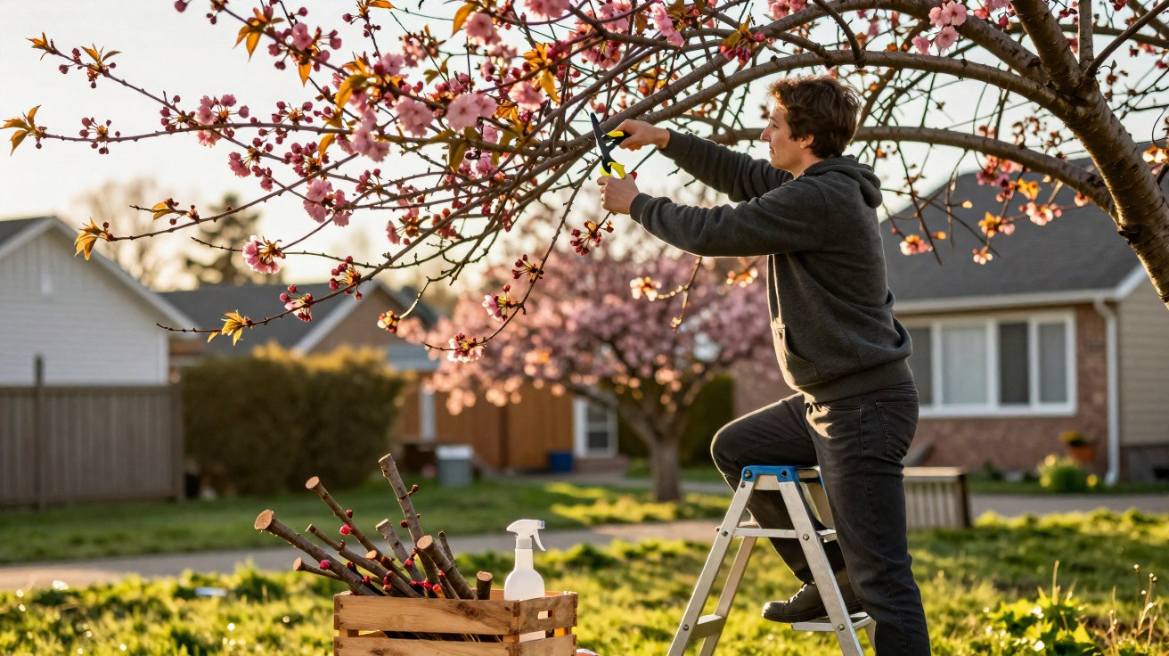 Jeune homme sur une échelle taillant les branches d'un arbre en fleurs dans un jardin résidentiel au coucher du soleil.