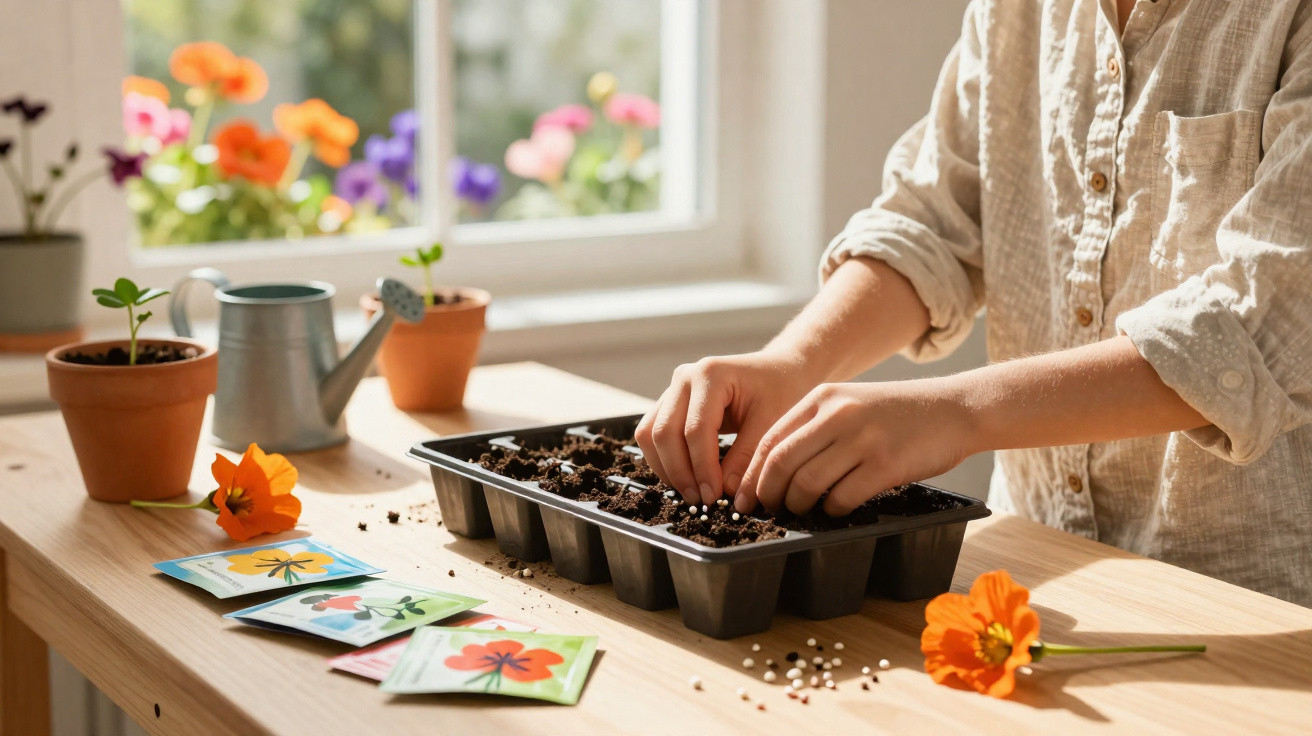 Personne semant des graines dans une serre avec pots, arrosoir et fleurs colorées sur une table en bois.