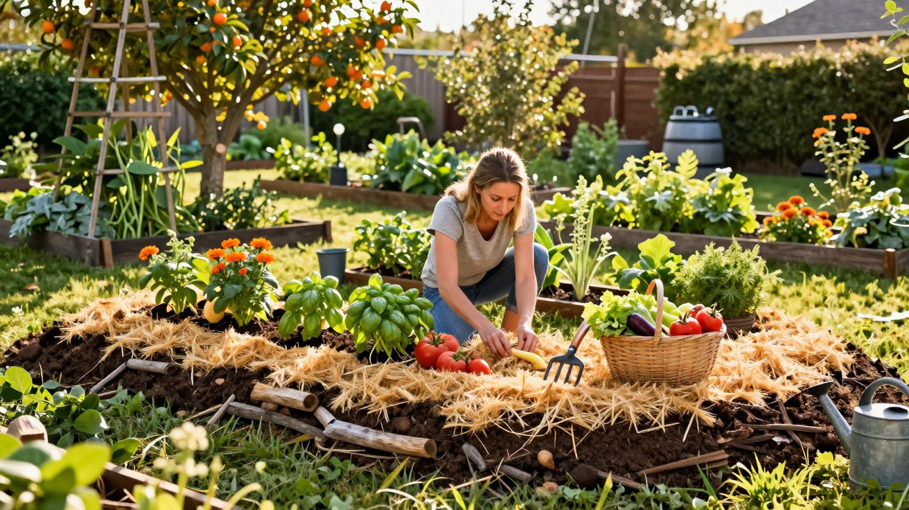 Femme jardinant dans un potager en carré entouré de légumes, fleurs et outils de jardinage par une journée ensoleillée.
