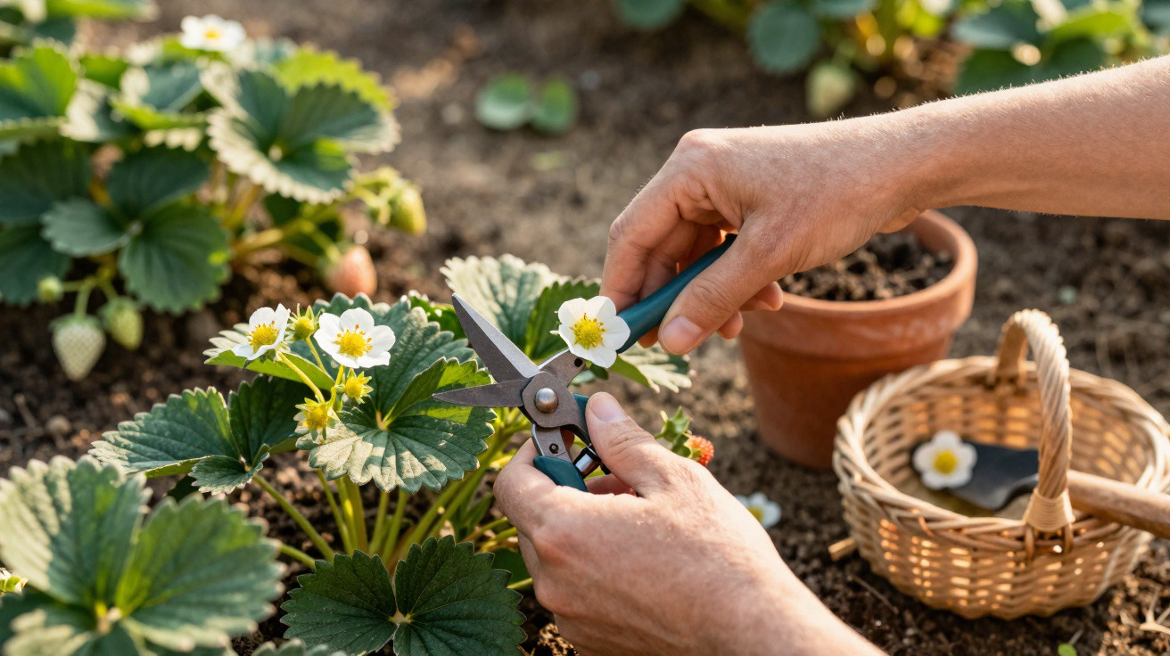 Une personne coupe une fleur de fraisiers dans un jardin, ciseaux en main, panier et pot en arrière-plan.