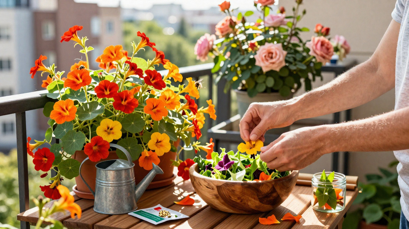 Une personne cueille des fleurs comestibles sur un balcon ensoleillé avec des pots de fleurs colorées.