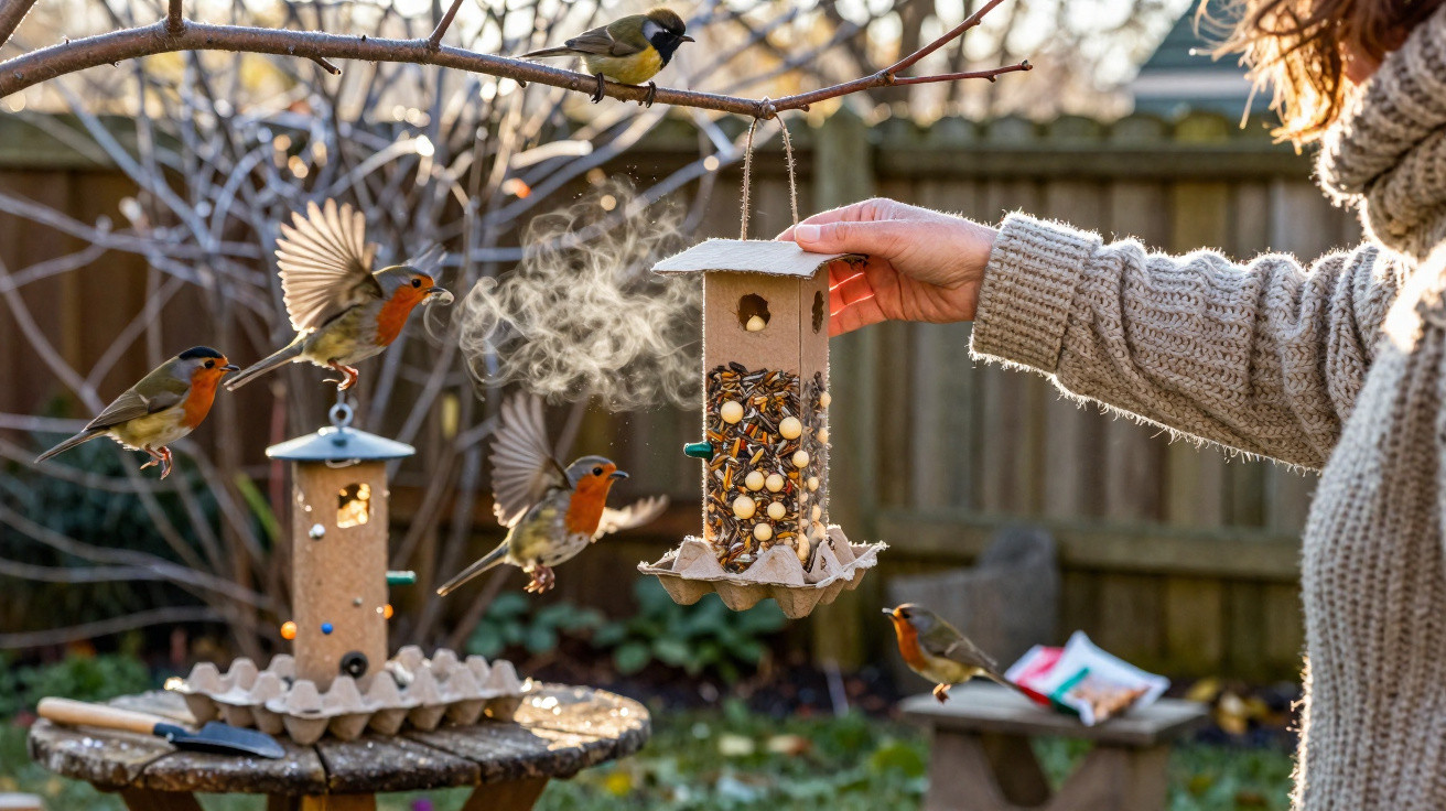 Une personne nourrissant des oiseaux dans un jardin avec des mangeoires en hiver, vapeur visible.