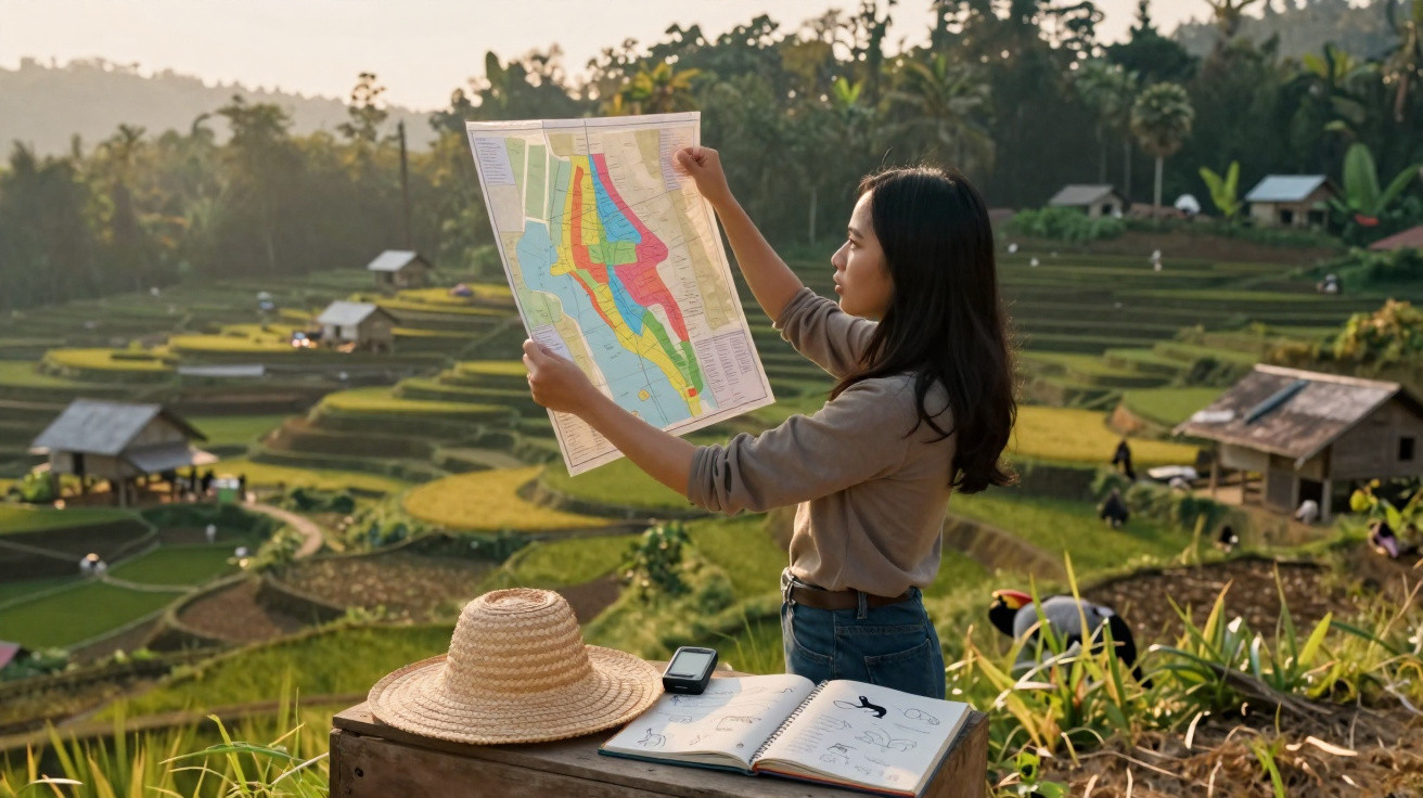 Jeune femme étudiant une carte en plein air avec rizières en terrasses et cabanes en arrière-plan.