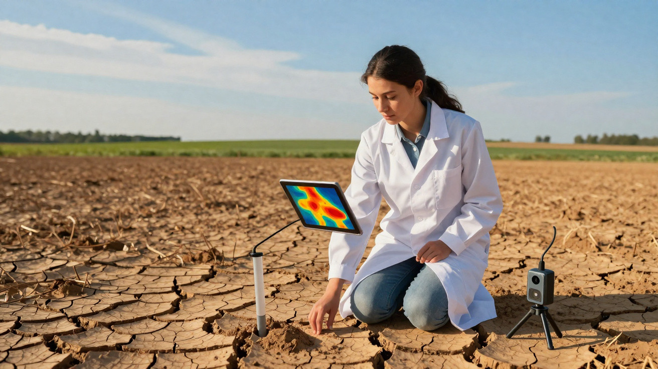 Scientifique avec blouse blanche analyse la sécheresse du sol à l'aide d'un appareil technologique sur un terrain aride.
