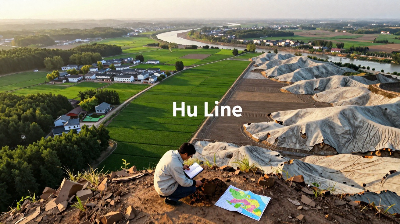 Homme avec carte et carnet étudiant une colline surplombant des champs verts et un village au bord d’une rivière.