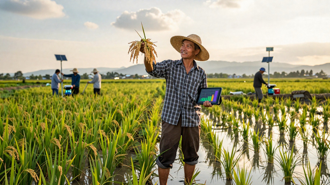 Agriculteur souriant avec tablette numérique observe une plante de riz dans un champ inondé au coucher du soleil.