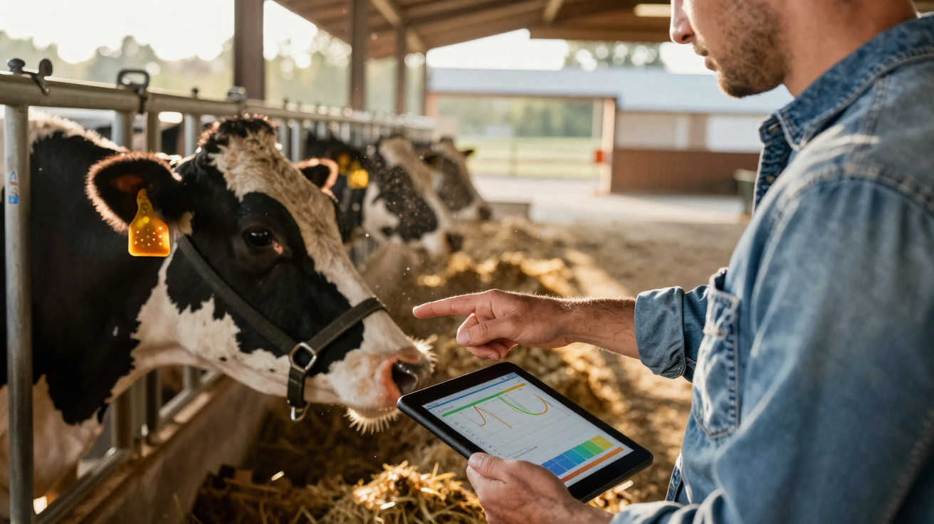 Homme avec tablette numérique vérifiant la santé de vaches dans une ferme ouverte.