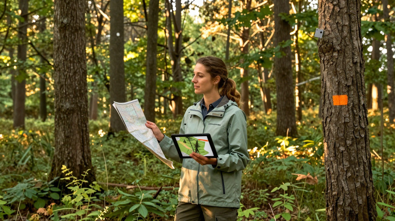Femme en veste verte utilisant une carte papier et une tablette dans une forêt marquée d'un repère orange.