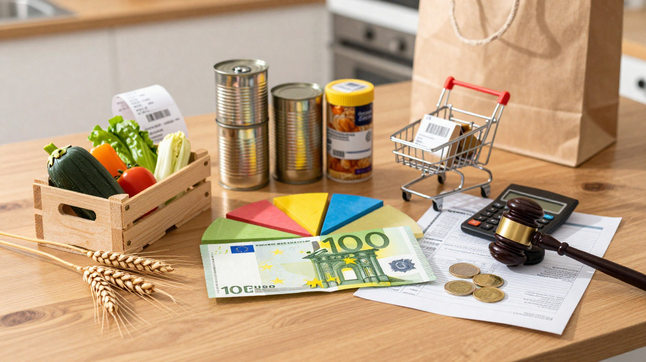 Billets en euros, légumes, conserves, graphique, calculatrice, marteau de juge et pièces sur une table en bois.