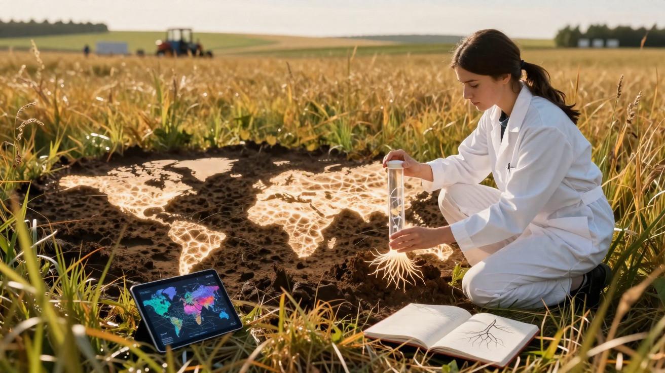 Femme en blouse blanche examine une racine translucide près d’un champ avec carte du monde sur tablette et livre ouvert.