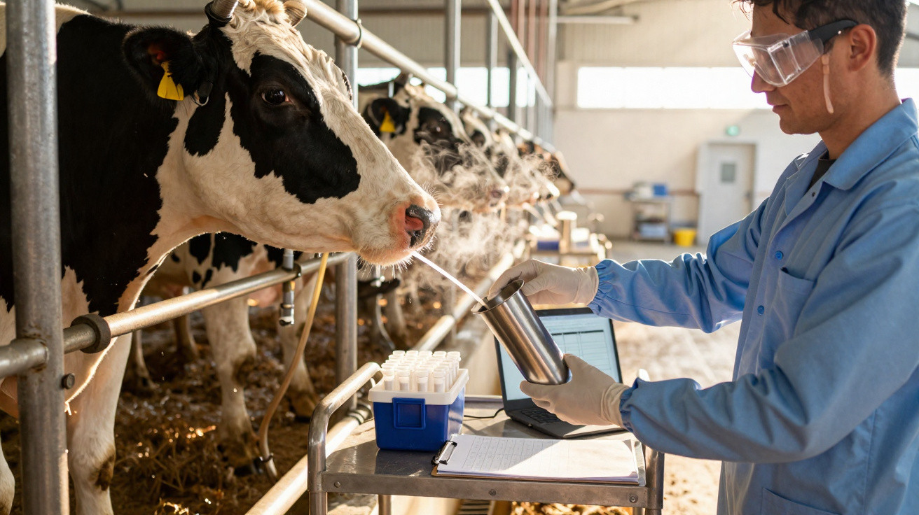 Travailleur en blouse bleue récoltant des échantillons de salive de vache dans une ferme moderne.