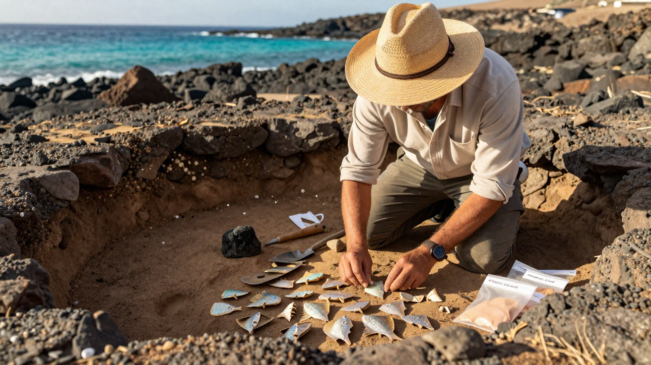Un archéologue en chapeau assemble des fragments de poterie dans une fouille près de la mer.