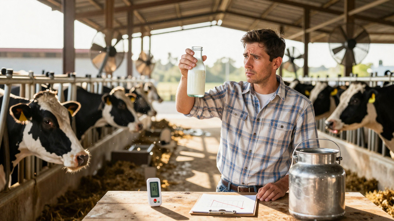 Jeune agriculteur examine une bouteille de lait dans une ferme avec des vaches laitières en arrière-plan.