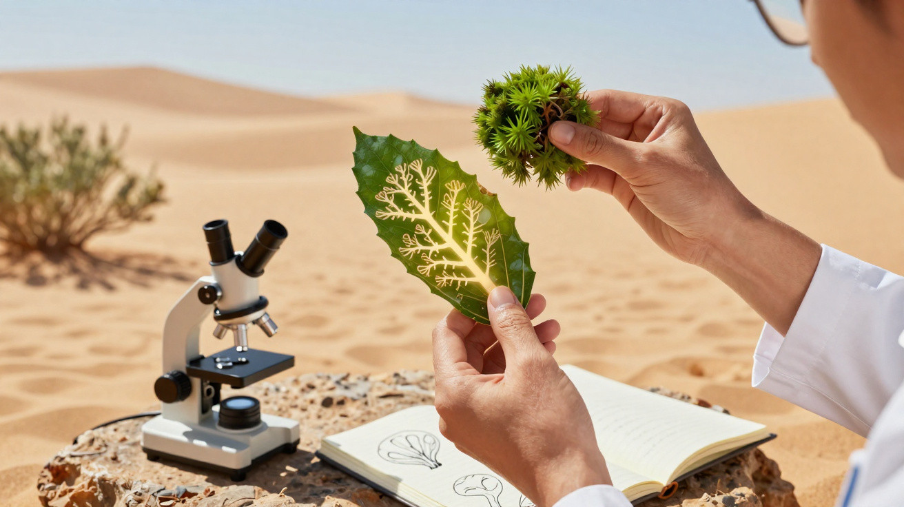 Une personne examine une feuille et un fruit à aiguillons dans un désert avec un microscope et un carnet ouvert.