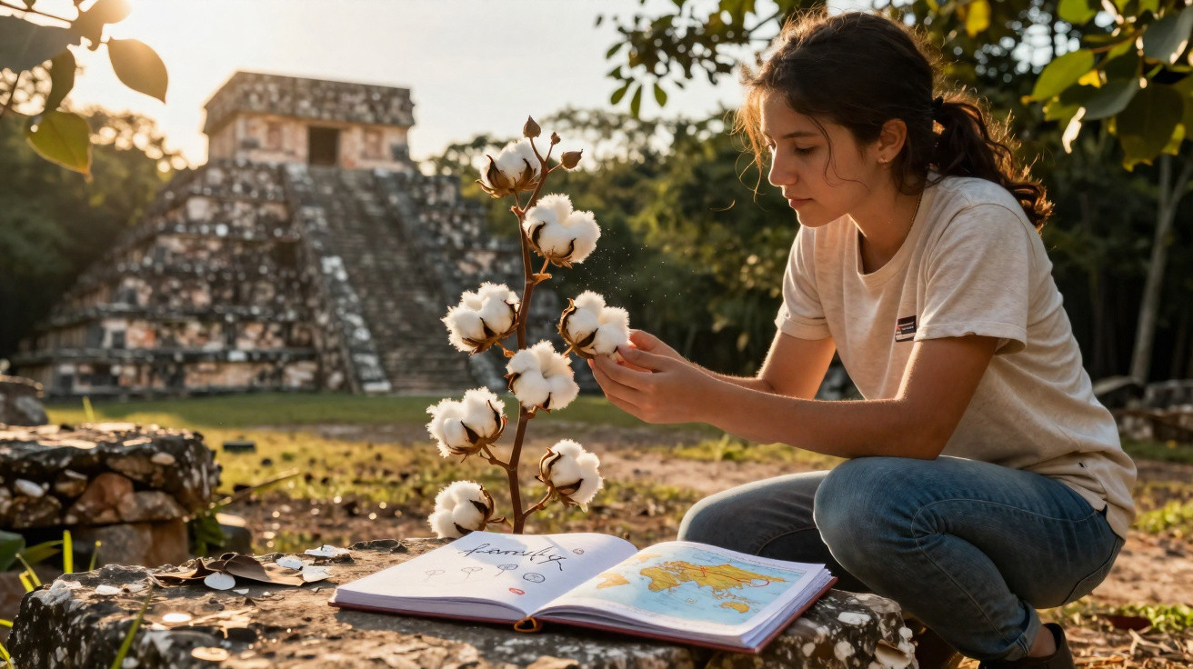 Jeune fille examine une plante de coton près d'un temple ancien avec un carnet et une carte sur un rocher.