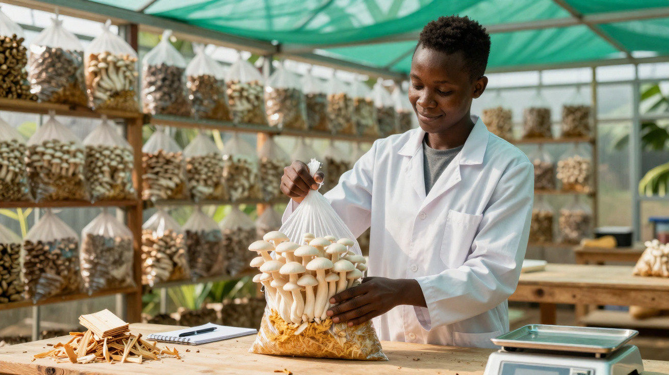 Personne en blouse blanche récoltant des champignons shiitake dans un sac en laboratoire de culture.