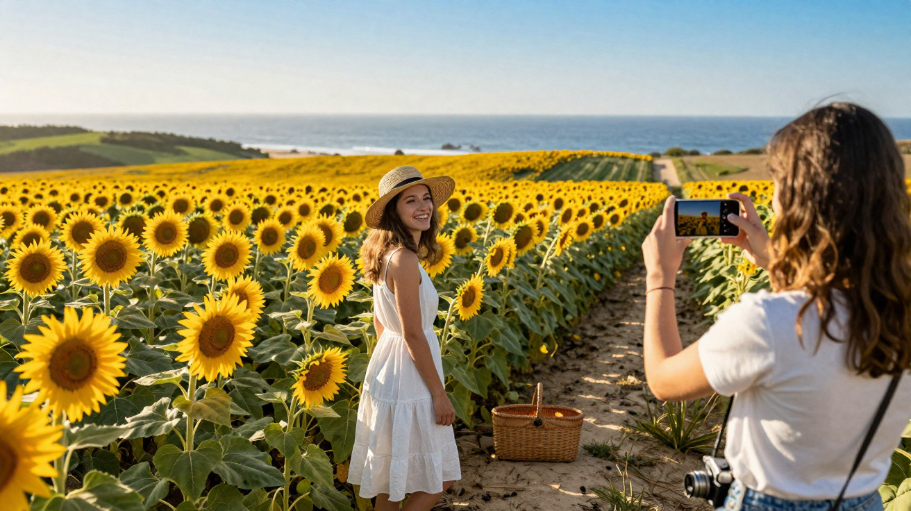 Deux femmes photographiant un champ de tournesols ensoleillé avec l’océan en arrière-plan.