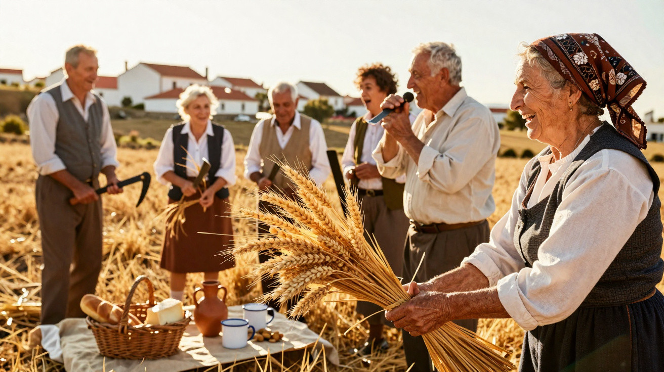 Groupe de personnes âgées en tenue traditionnelle récoltant du blé dans un champ sous le soleil.