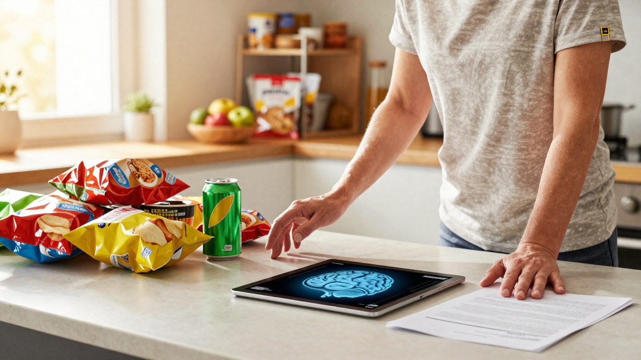Personne debout dans une cuisine, tablette avec image de cerveau, snacks et canette sur le plan de travail.