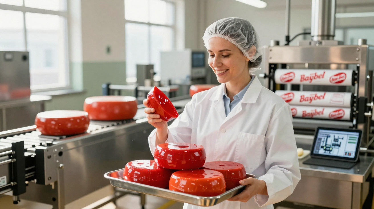 Technicienne en blouse et charlotte tenant des fromages Mini Babybel dans une usine de production.
