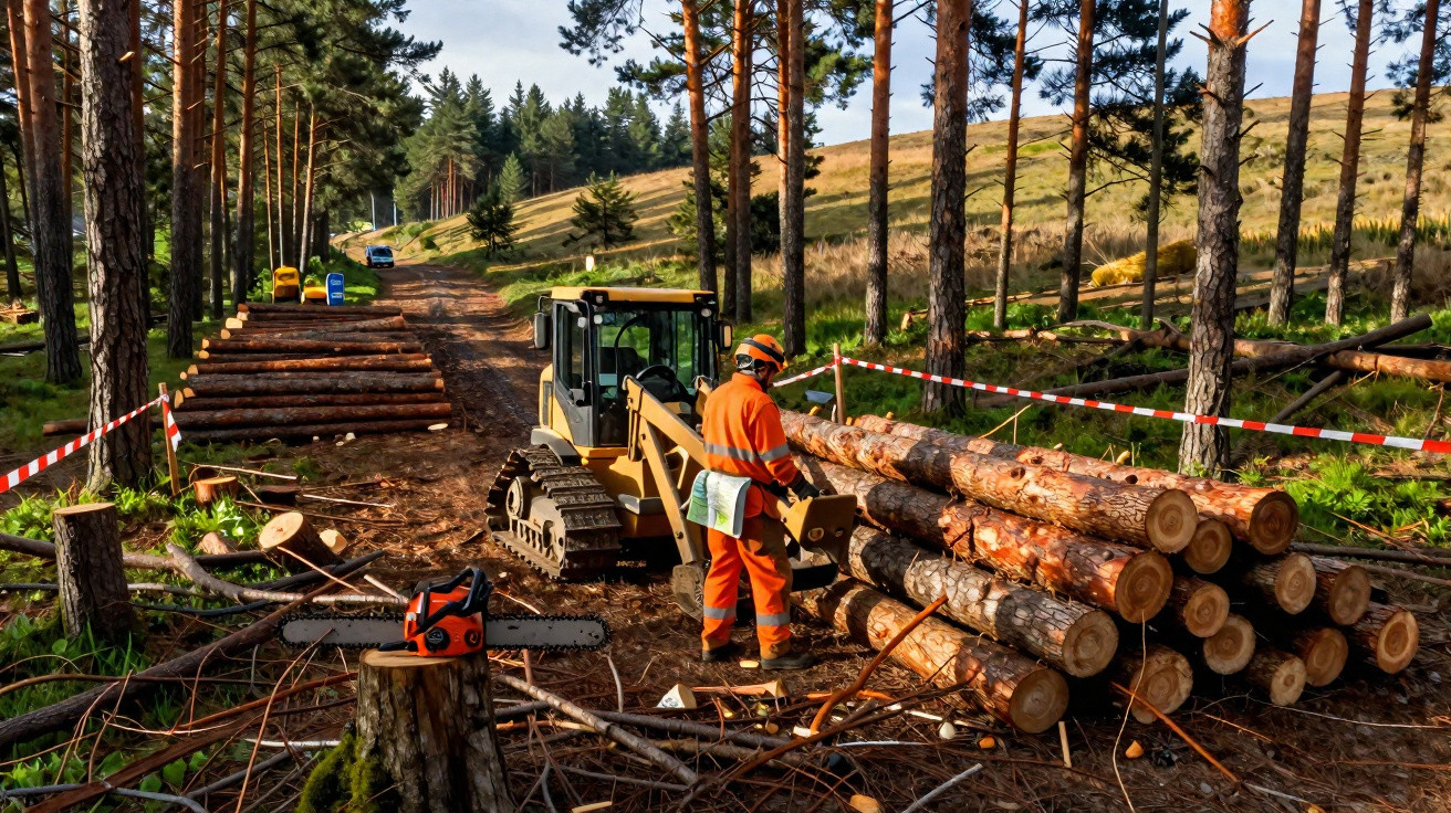 Ouvrier en tenue orange et casque travaillant avec une pelleteuse près de troncs empilés en forêt.
