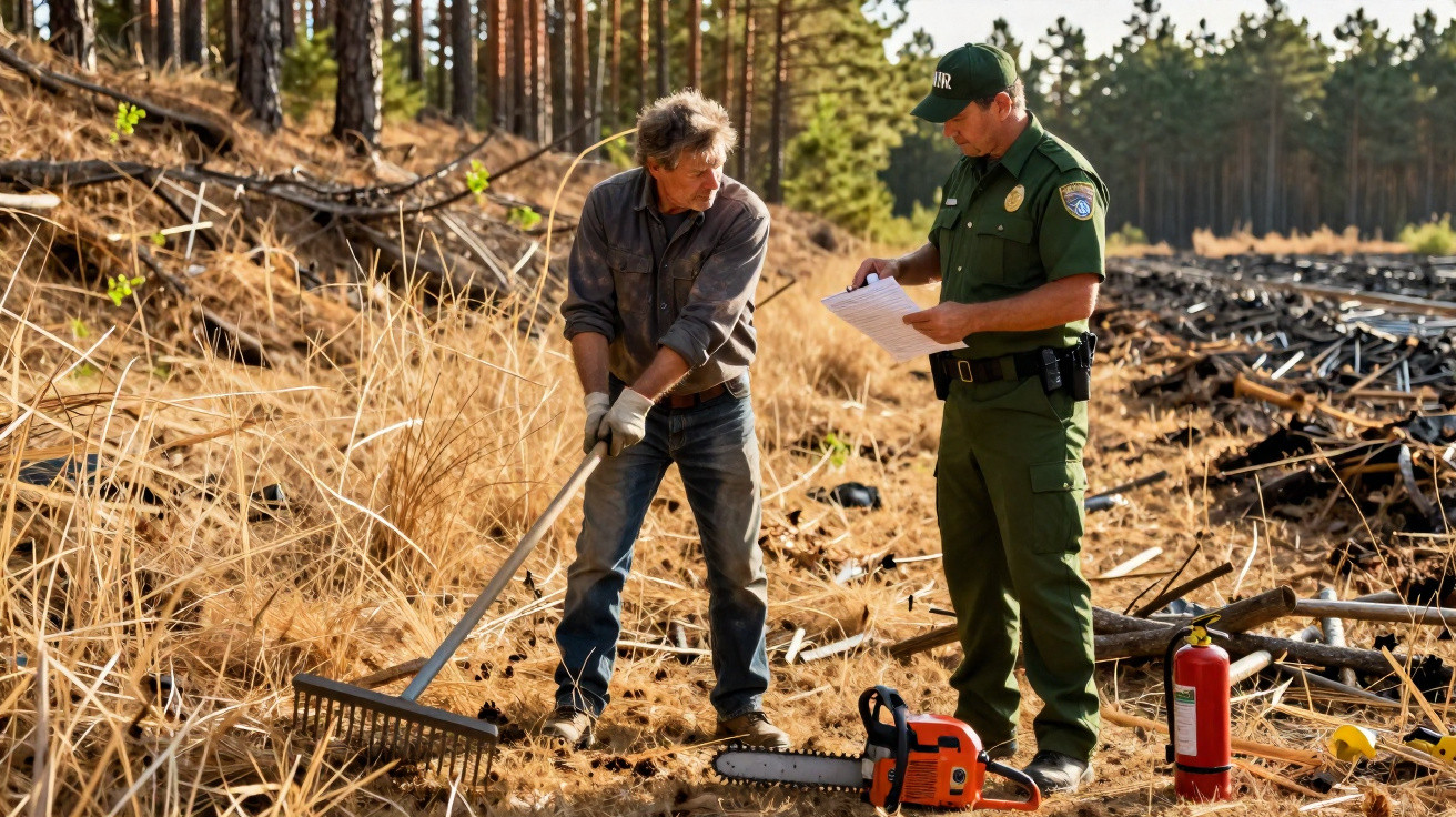 Un homme avec un rateau parle avec un garde forestier dans une zone déboisée en forêt.