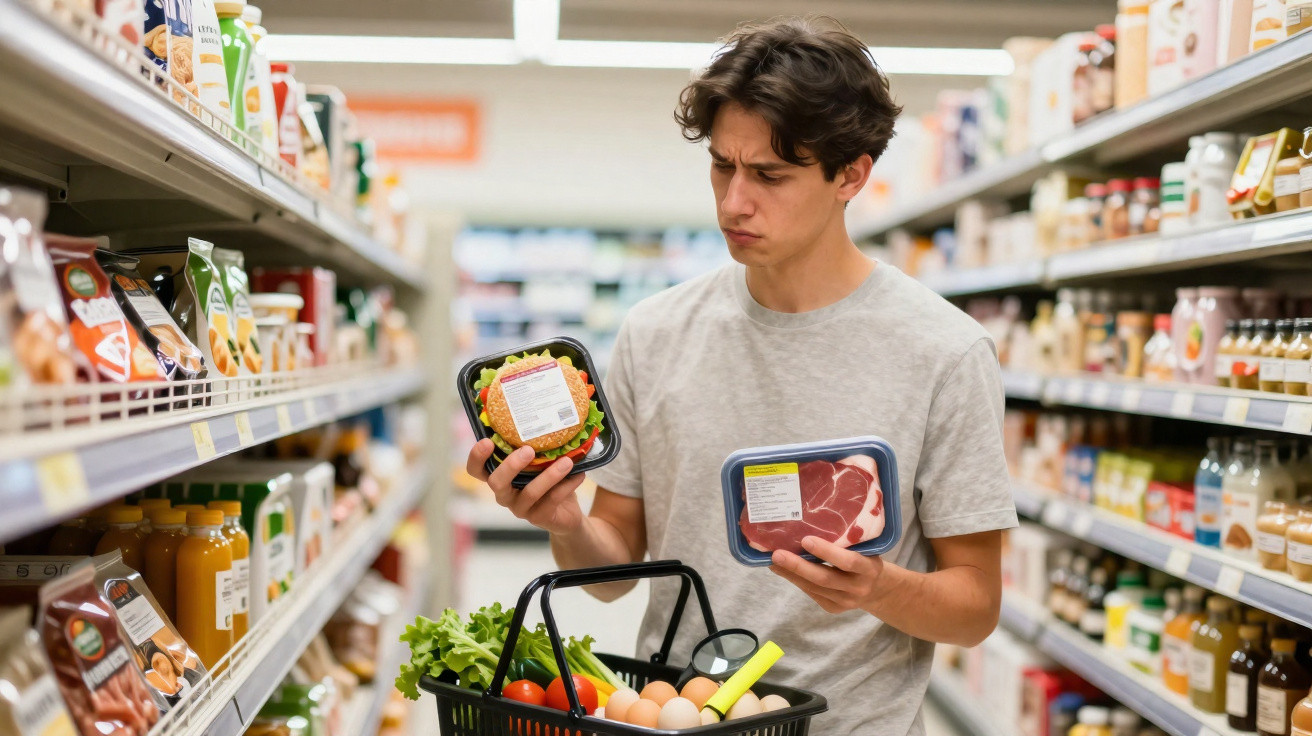 Jeune homme en t-shirt gris compare deux barquettes de viande dans une allée de supermarché.