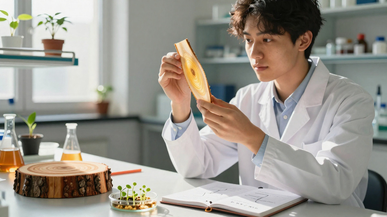 Jeune scientifique en blouse blanche examinant une tranche de bois dans un laboratoire lumineux.