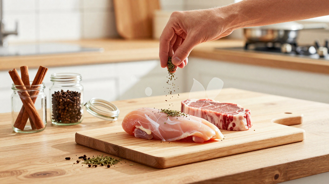 Main saupoudrant des herbes fraîches sur un filet de poulet cru et un steak sur une planche en bois.