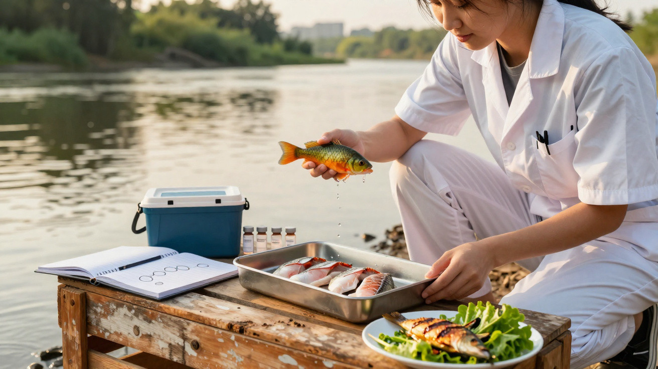 Technicienne en blouse blanche examine un poisson vivant près d’un étang, avec poissons et matériel d’analyse sur une table.