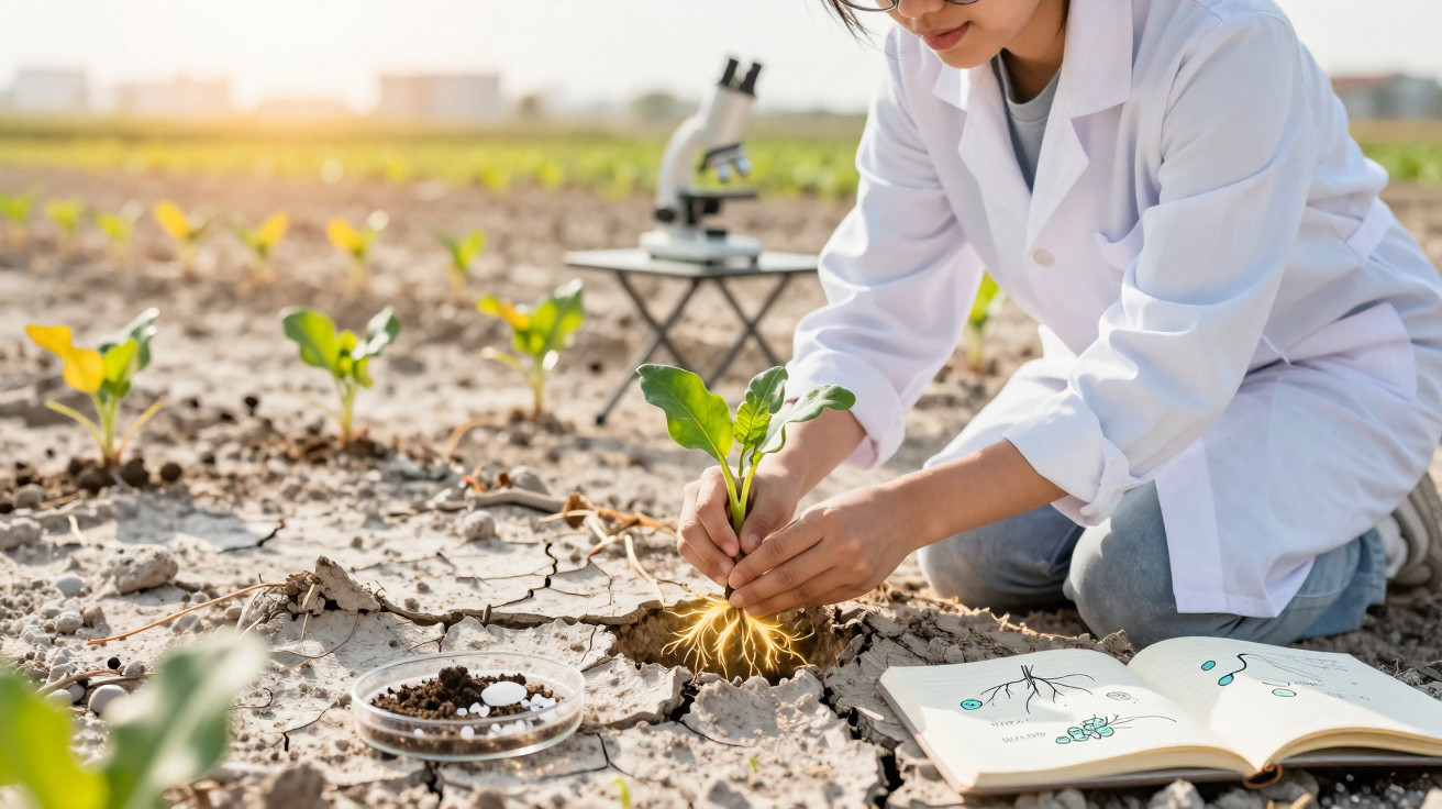 Scientifique en blouse blanche plantant une jeune pousse dans un sol sec avec microscope et cahier à côté.